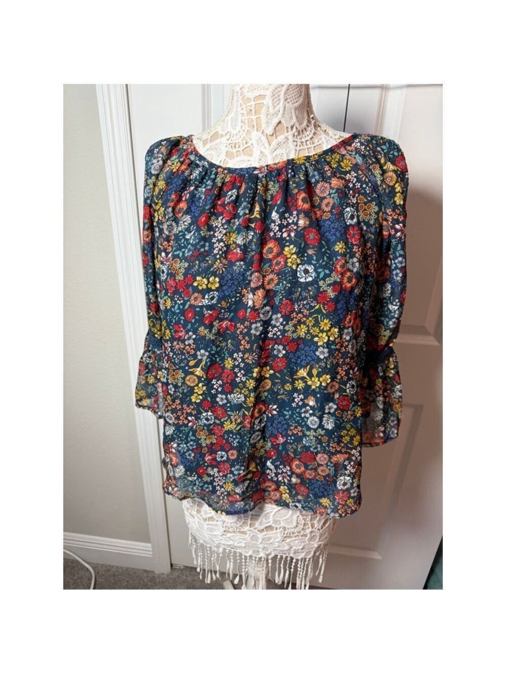 Knit Works Navy Floral Blouse XXL